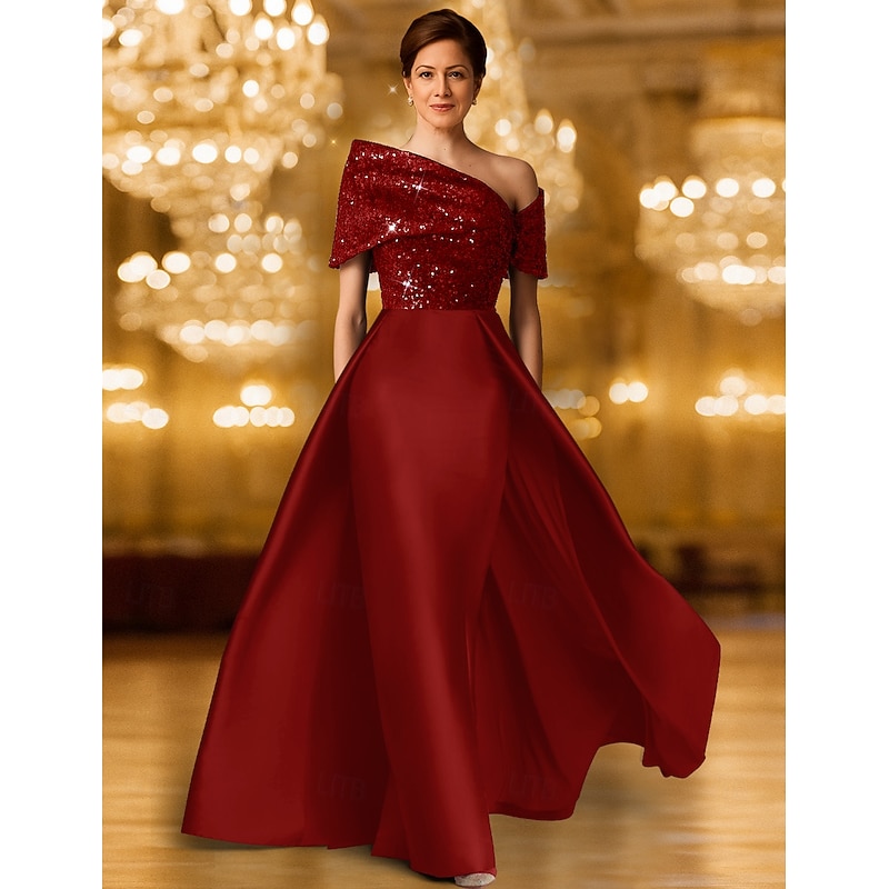 Red Black A-Line Evening Gown Elegant Dress Formal Wedding Floor Length Short Sleeve One Shoulder Satin with Glitter 2025