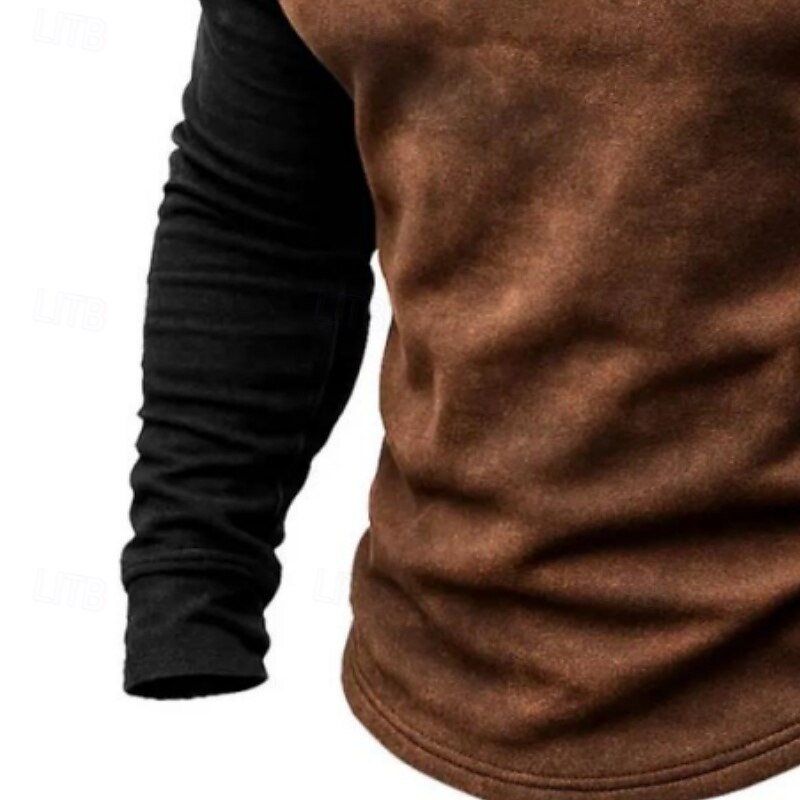 Men's Faux Suede T Shirt Henley Shirt Long Sleeve Vintage Stand Collar Fall Winter Spring & Fall Color Block Knitwear Daily Casual Lace up Outdoor Causal Casual Dark Brown Gray Top Tee for Men3
