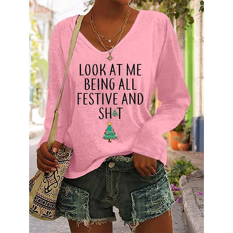 Christmas Women's T Shirt Graphic Christmas Tree Letter Vintage Stylish Classic Long Sleeve V Neck Regular Tops Daily Print Black White Pink Red Green Spring Fall Winter2