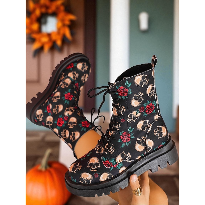 Women's Halloween Skull Print Combat Boots – Lace-Up Chunky Sole Ankle Booties with Roses for Gothic Festival and Cosplay Party Look4