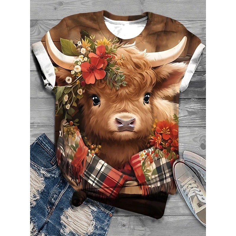Women's T Shirt Graphic Animal Cow Vintage Stylish Classic Short Sleeve Crew Neck Regular Tops Daily Weekend Print Pink Light Brown Blue Brown Gray Spring Fall Winter
