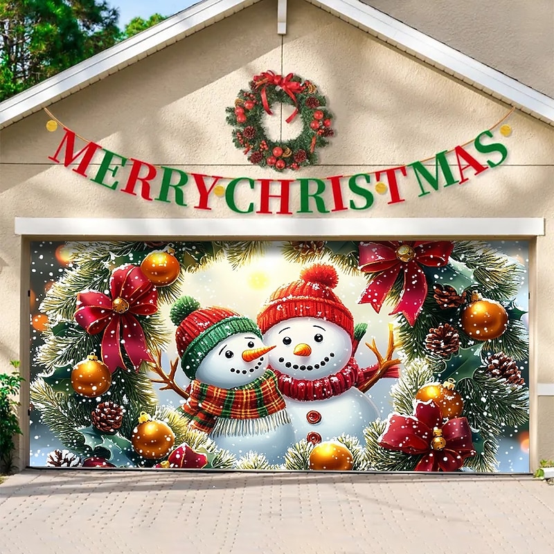 Christmas Outdoor Garage Door Cover Snowman Brothers Santa Hat Christmas Wreath Christmas Tree Large Tapestry Backdrop Holiday Party Wall Decoration For Outdoor Garage Door Home Festival Celebration D4