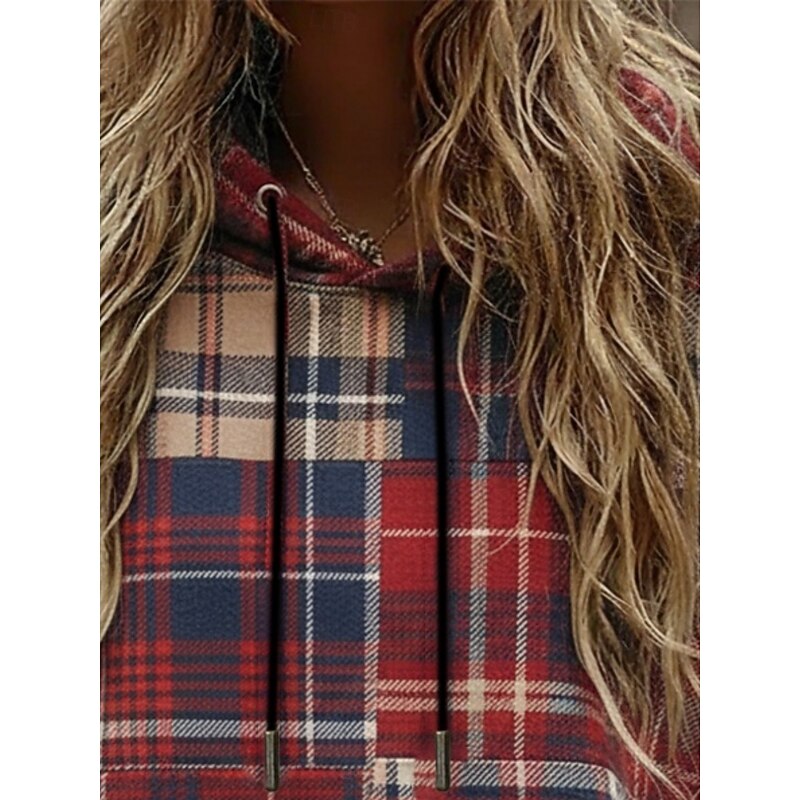 Women's Pullover Hoodies Plaid Fashion Streetwear Casual Long Sleeve Hooded Regular Tops Dailywear Casual Sports Drawstring Pocket Print Red Spring Fall2