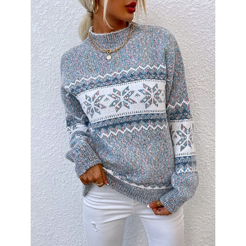 Women's Sweater Casual Soft Snowflakes Ribbed Crew Neck Knitted Long Sleeve Regular Tops Knit Outdoor Daily Weekend Pink Blue Fall Winter