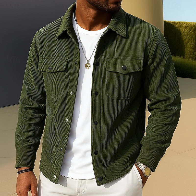 Men's Corduroy Shirt Black Brown Green Gray Long Sleeve Plain Turndown School Training Pocket Clothing Apparel Vintage Classic Casual4
