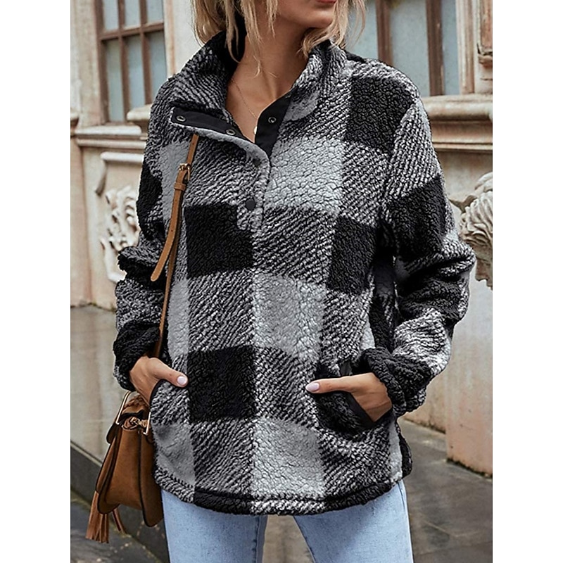 Women's Winter Coat Sherpa Jacket Comfortable Breathable Pocket Buttons Casual Plaid Vacation Street Casual Daily Wear Single Breasted Regular Lapel Regular Fit Long Sleeve Outerwear Black Red Green
