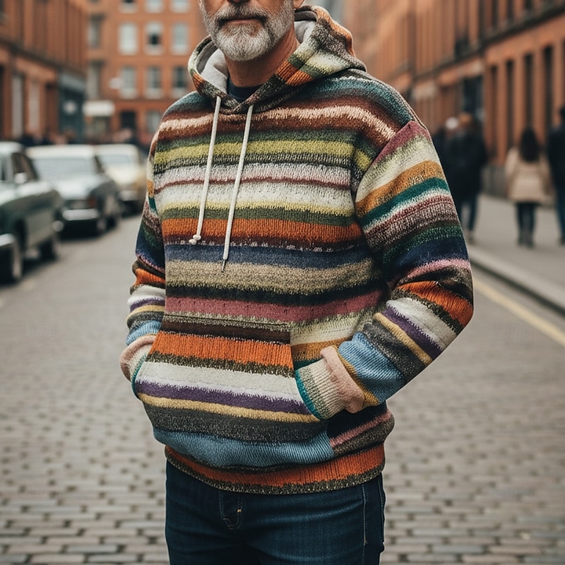 Christmas Men's Horizontal Stripes Hoodie Fashion Daily Hooded Vacation Party Streetwear Rainbow Printing Fall Winter Designer