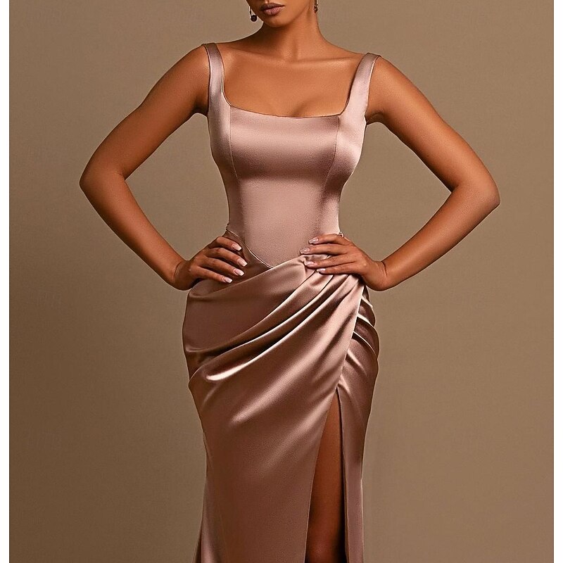 Mermaid Evening Gown High Split Dress Wedding Guest Cocktail Party Floor Length Sleeveless Scoop Neck Bridesmaid Dress Satin with Ruched Masquerade Dress2