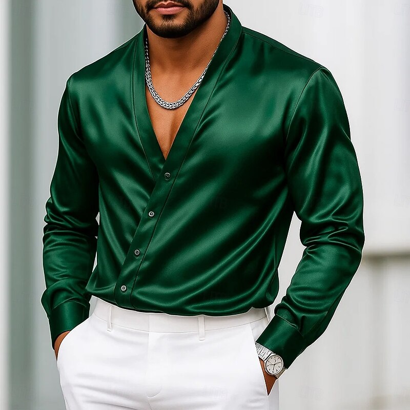 Men's Shirt Satin Shirt Dress Shirt Casual Shirt Button Up Shirt Prom Shirt Plain Formal Wedding Black White Royal Blue Gold Long Sleeve V Neck All Seasons Clothing Apparel Plain4