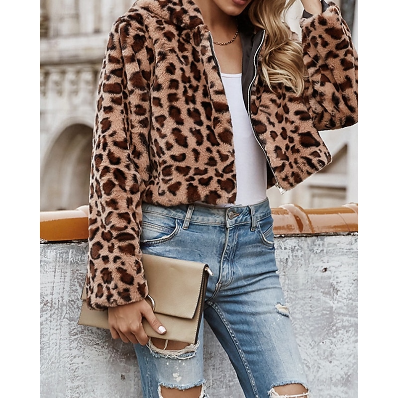Women's Jacket Faux Fur Coat Hoodie Jacket Warm Comfortable Zipper Furs & Leathers Casual Leopard Vacation Street Daily Going out Short Hooded Regular Fit Long Sleeve Outerwear Yellow Pink Green Fall3