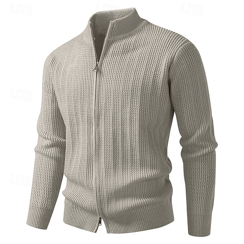 Men's Sweater Cardigan Sweater Ribbed Knit Regular Tops Knitted Solid Color Stand Collar Vacation Fashion Casual Daily Wear Clothing Apparel Spring &  Fall Black Green M L XL4
