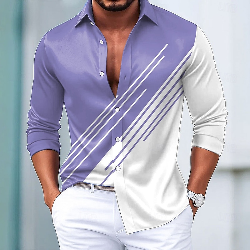 Men's Geometric Shirt Satin Shirt Dress Shirt Long Sleeve Fashion Casual Formal Vacation Dailywear Summer Spring Fall Turndown 3D Print Button Up Shirts Blue Purple Green Gray2