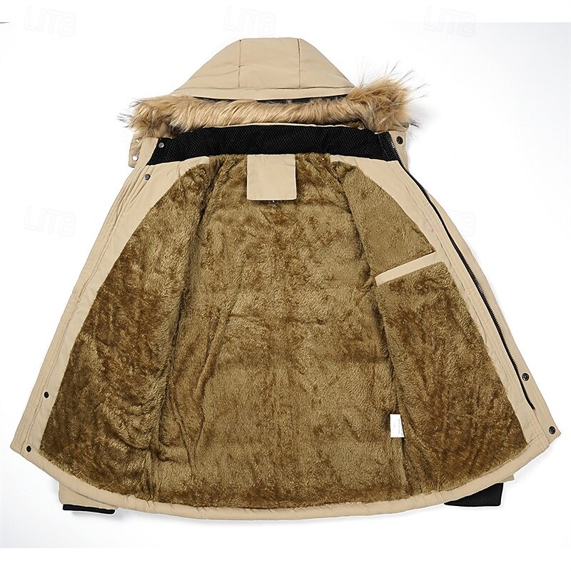 Men's Winter Coat Fleece Jacket Parka Pocket Fleece Polyster Vacation Daily Wear Date Regular Fashion Casual Comfortable Thermal Warm Fall Winter Solid / Plain Color Black Khaki Dark Blue Puffer3