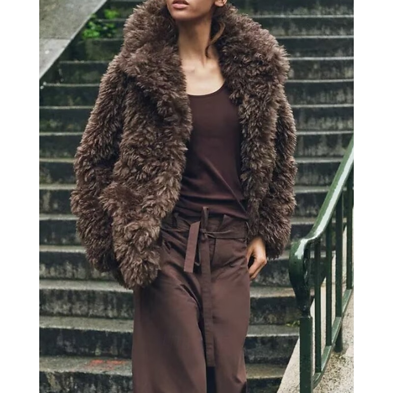 Women's Teddy Coat Faux Fur Coat Warm Comfortable Furs & Leathers Casual Plain Vacation Street Casual Going out Regular Turndown Regular Fit Long Sleeve Outerwear Brown Fall Winter