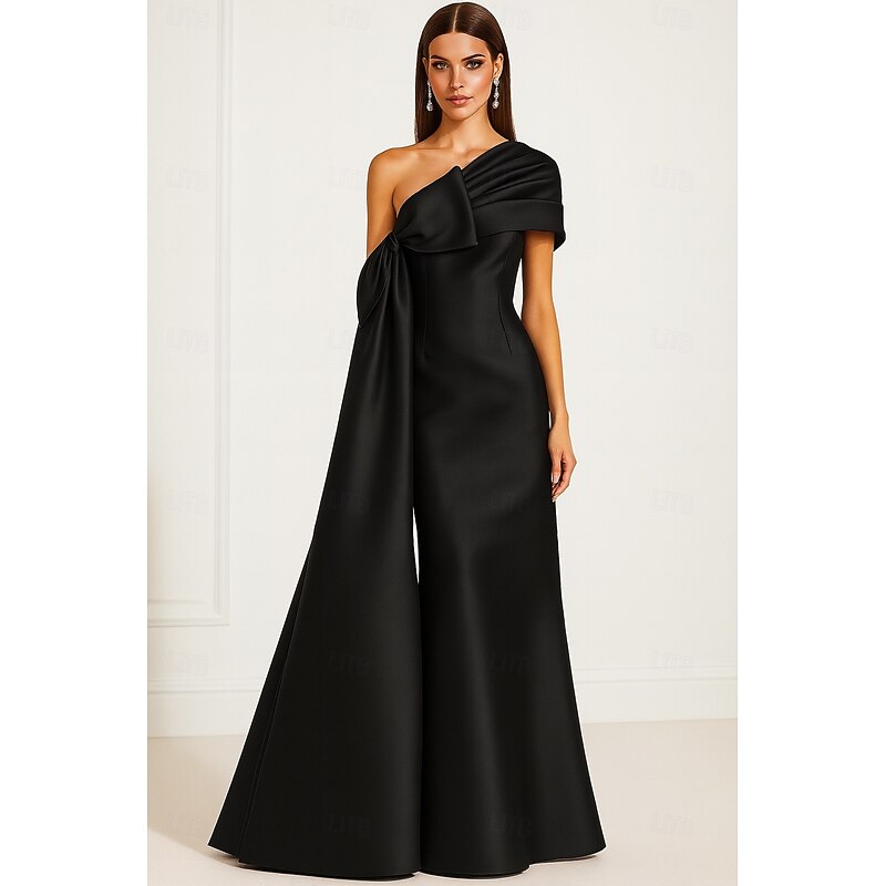 Red Black Sheath / Column Evening Gown Elegant Formal Dress Formal Wedding Floor Length Short Sleeve High Neck Capes Satin with Shawl 20254