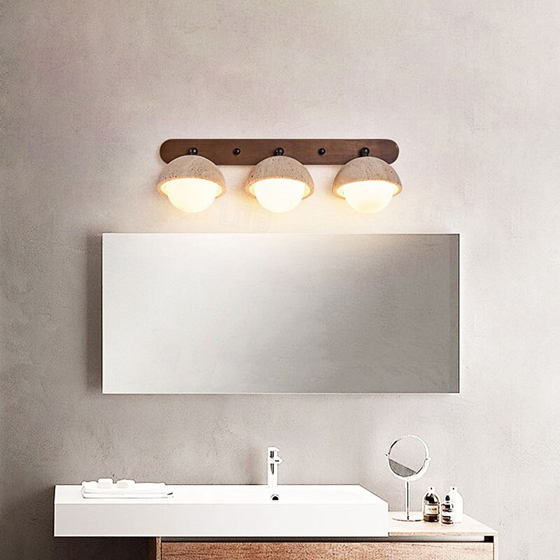 Modern 2/3 Light Vanity Light Wood Base Concrete Look Shades Frosted Globes Nordic Scandinavian Bathroom Lighting Fixture Above2