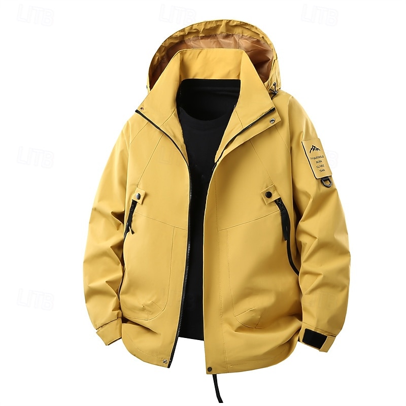 Men's Outdoor Jacket Raincoat Hiking Jacket Daily Hiking Windproof Rainproof Pocket Spring Fall Plain Fashion Classic Hooded Regular Black Yellow Sage Purple Beige Jacket