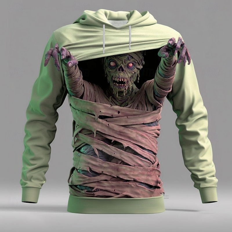 Halloween Men's Optical Illusion Zombies 3D Hoodie Sweatshirt Punk Exaggerated Crew Neck Club Streetwear Pink Blue Drawstring Fall Winter Designer2