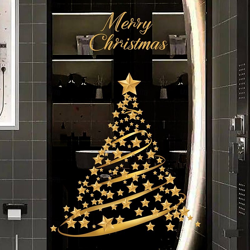Christmas Sticker Wall Decals Gold Star Christmas Tree Removable Vinyl Mural Holiday Party Scene Glass Window Display Background Decoration For Christmas Festival Home Atmosphere4