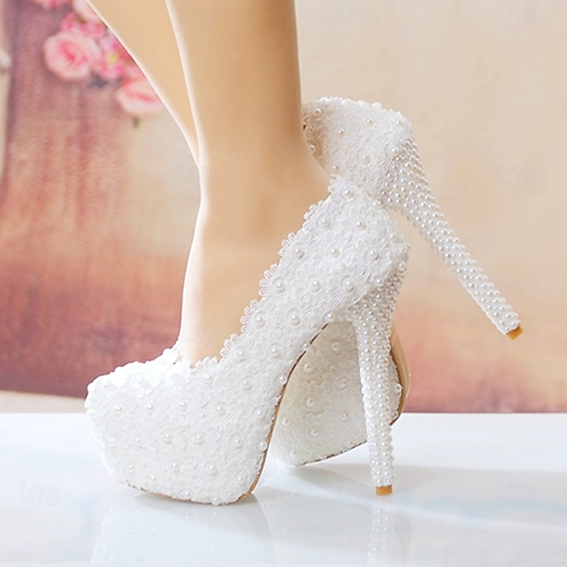 Women's Wedding Shoes Dress Shoes Stilettos Wedding Party Solid Color Floral Imitation Pearl Lace Stiletto Round Toe Cute Sexy Minimalism Lace PU Loafer White