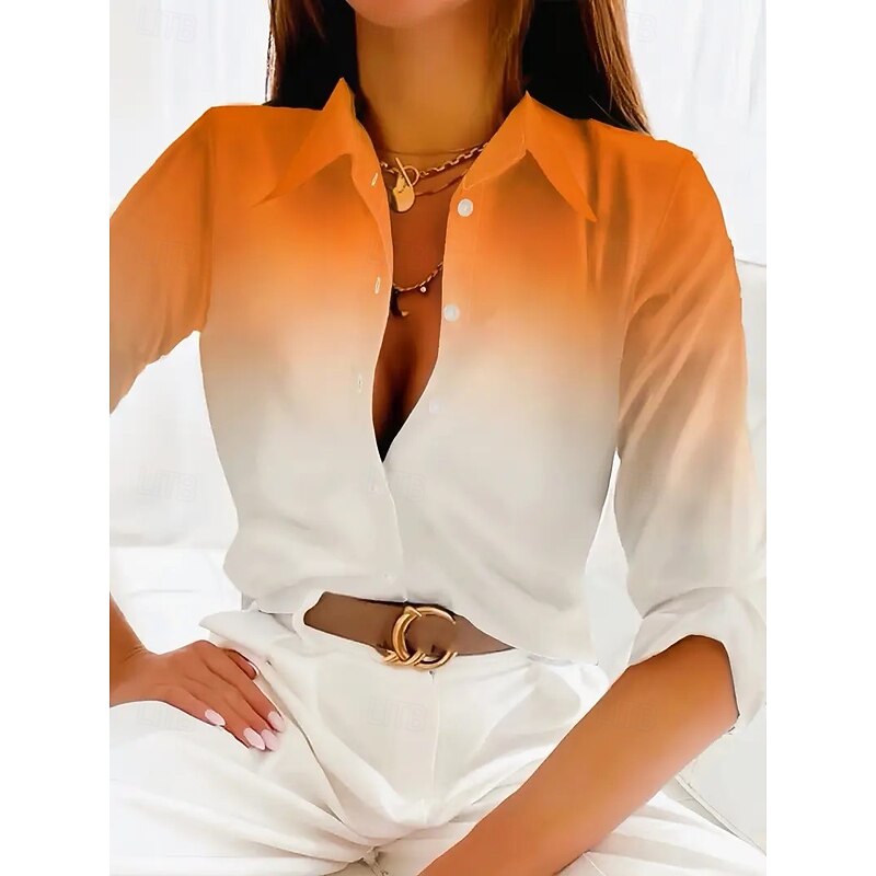 Women's Shirt Floral Color Gradient Casual Long Sleeve Shirt Collar Regular Tops Work Daily Buttons Print Yellow Spring Fall Winter Spring, Fall, Winter2