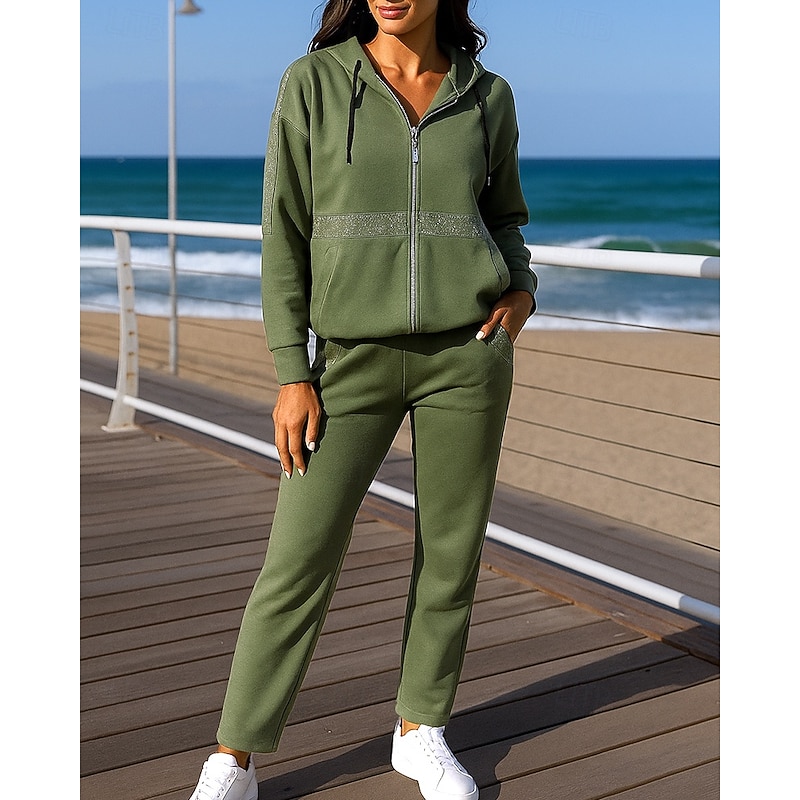 Women's 2 Piece Tracksuit Lounge Hoodie Sweatsuit Sets Pocket Solid Colored Clothing Suit Fall Black Red Outdoor Travel Sports Baggy Long Sleeve Sport Activewear Micro-elastic Regular Fit
