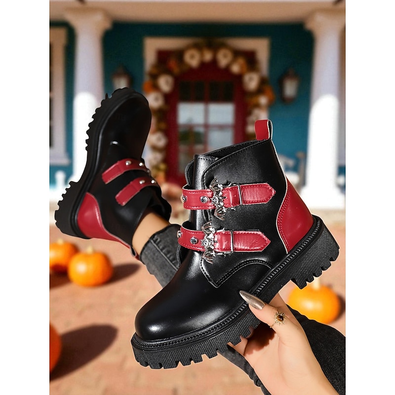 Women's Halloween Punk Combat Boots – Black and Red Faux Leather Ankle Boots with Bat Charms and Buckle Straps for Fall Festival, Costume Party and Spooky Season Streetwear