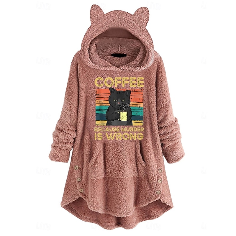 Women's Pullover Hoodie Sweatshirt Geometric Cat Casual Long Sleeve Hooded Crop Tops Street Dailywear Casual Pink Wine Dark Pink Dark Gray Gray Fall Winter3