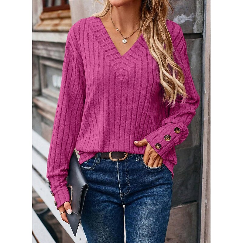 Women's Blouse Solid Color Stylish Casual Long Sleeve V Neck Regular Tops Daily Buttons Black Pink Army Green Navy Blue Orange Spring Fall3