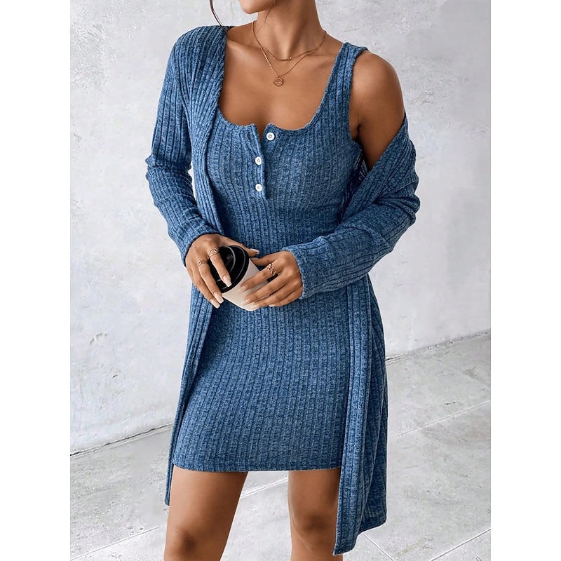 Women's Sweater Dress Sweater Co-ords Casual Soft Pure Color Ribbed U Neck Buttons Knitted Long Sleeve Long Tops Knit Outdoor Daily Weekend Black Blue Fall Winter4