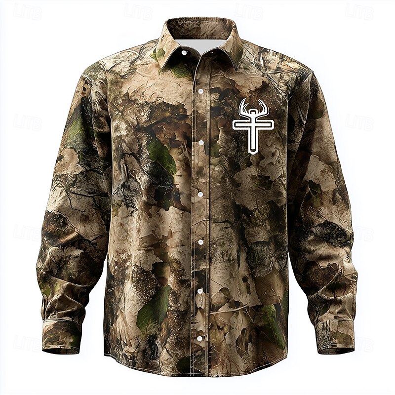 Men's Camo Camouflage Cross Shirt Western Shirt Cowboy Shirt Long Sleeve Vintage Retro Outdoor WorkWear Hunting Spring Fall Turndown 3D Print Linen Like Shirt Button Up Shirts Camouflage khaki