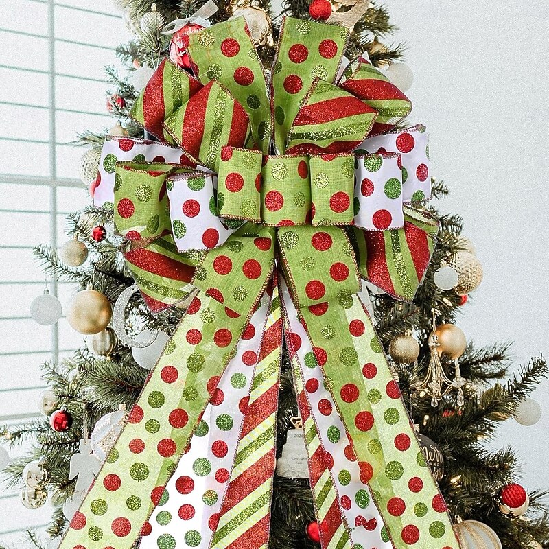 Christmas Tree Topper Wreath Bow Large Green Christmas Bow Tree Topper, Red Green Dot Polyester Gift Bows for Xmas Ornament Holiday Home Thanksgiving Indoor/Outdoor Decoration4