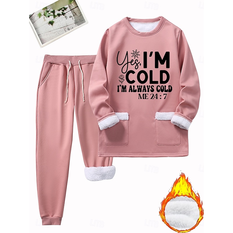 Women's Warm Daily Two Piece Sets Tracksuit Pants Sets Long Sleeve Crew Neck Graphic Letter Drawstring Print Casual Daily Black Pink Blue Fall Regular Fit4