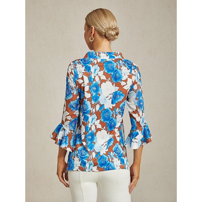 Women's Blouse Twisted Roman Chiffon Splice Blue Floral Print Bateau Neck Three Quarter Sleeve Short2