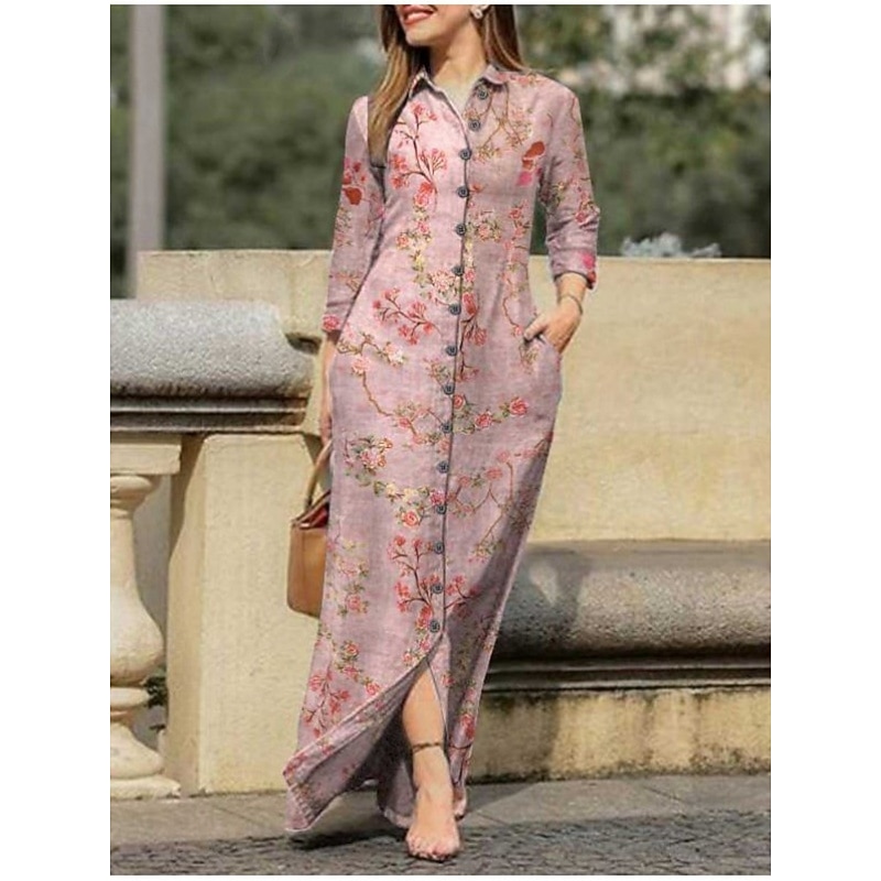 Women's Maxi Dress A Line Dress Casual Daily Regular Fit Floral Long Sleeve Lapel White Pink Navy Blue Blue Spring Fall