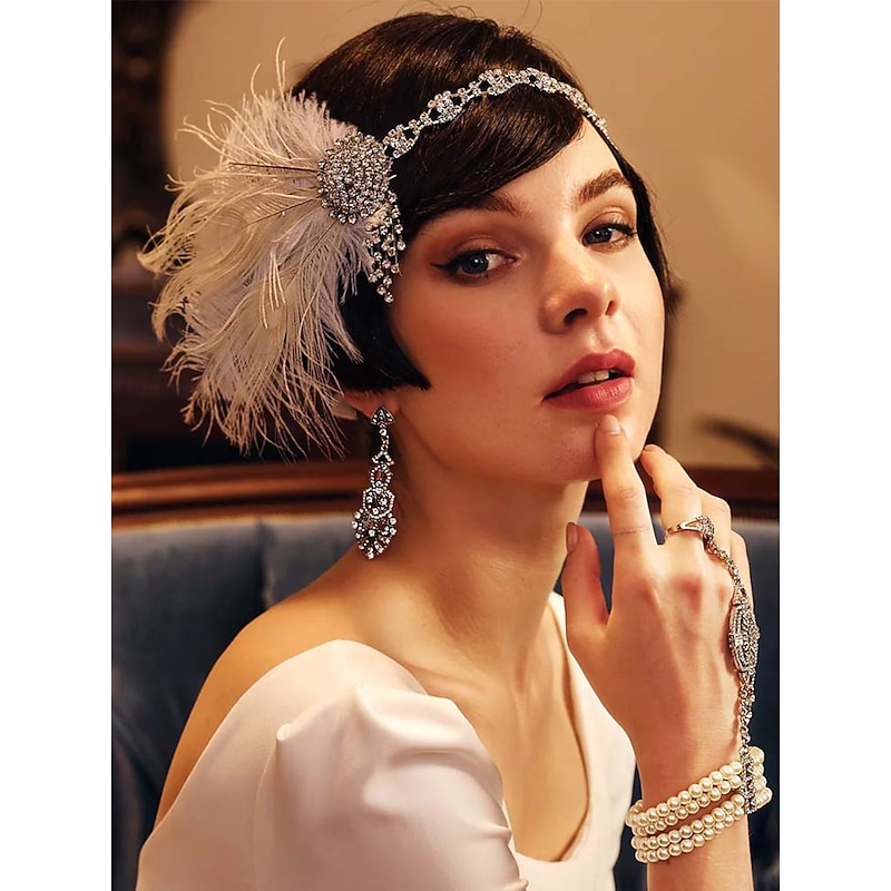 Women's 1920s Feather Rhinestone Headband - Gatsby Flapper Hair Accessory for Ballroom Dance, Cocktail Party and Vintage Themed Events - Main Image