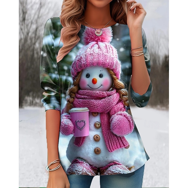 Christmas Women's T Shirt Graphic Snowman Fashion Casual Long Sleeve Crew Neck Round Neck Regular Tops Daily Weekend Print Pink Gold Green Summer Spring Fall Winter3