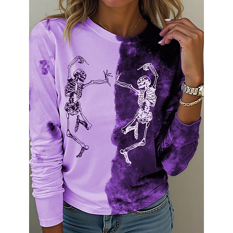 Halloween Women's T Shirt Skulls Graphic Vintage Fashion Casual Long Sleeve Crew Neck Regular Tops Daily Weekend Print Red Blue Purple Green Gray Fall Winter2