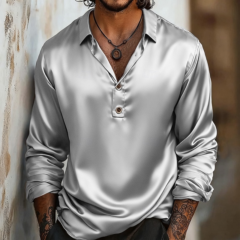 Men's Shirt Satin Shirt Casual Shirt Button Up Shirt Black Blue Gold Gray Long Sleeve Plain Lapel Outdoor Vacation Button-Down Clothing Apparel Elegant Fashion Business Pullover