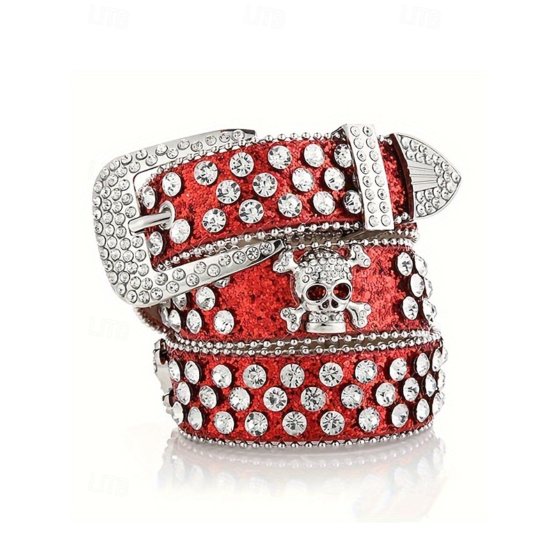 Unisex Halloween Rhinestone Skull Belt – Sparkly Punk Rock Faux Leather Waist Accessory for Parties, Concerts and Costume Outfits
