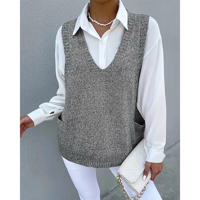 Women's Sweater Sweater Vest Streetwear Casual Solid Color V Neck Pocket Knitted Sleeveless Regular Tops Knit Daily Holiday Going out Black Khaki Fall Winter