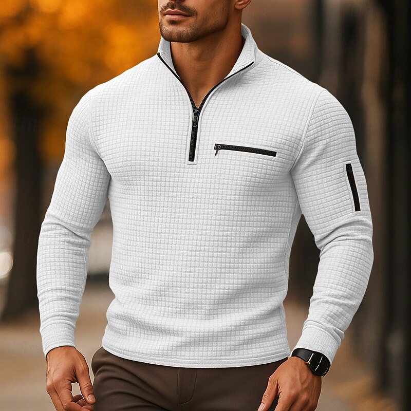 Men's Waffle Polo Shirts Vacation Work Quarter Zip Long Sleeve Fashion Comfortable Color Block Zip Up Pocket Spring &  Fall Regular Fit Black White Navy Blue Orange Waffle Polo Shirts