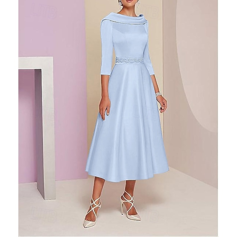 A-Line Dress Mother of the Bride Dress Elegant Vintage Bateau Neck Tea Length Satin 3/4 Length Sleeve with Beading Race Day Dress 8