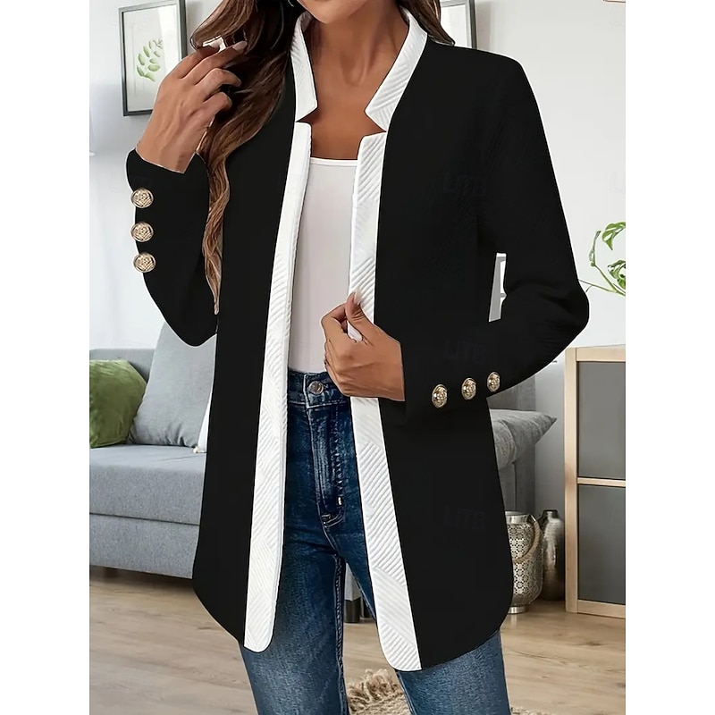 Women's Casual Jacket Comfortable Breathable Patchwork Buttons Elegant Casual Plain Vacation Street Casual Daily Wear Open Front Long Stand Collar Regular Fit Long Sleeve Outerwear Black White Spring4