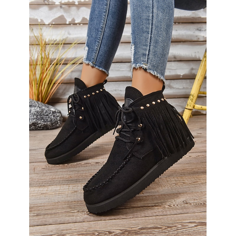 Women's Boots Snow Boots Daily Tassel Flat Heel Round Toe Casual Suede Zipper Black Blue2