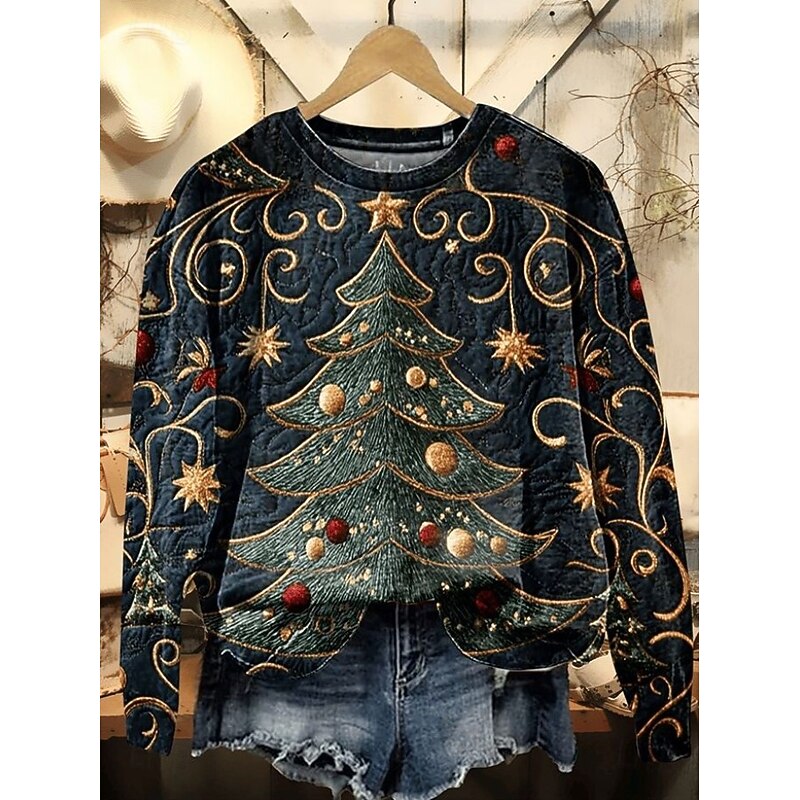 Women's Pullover Sweatshirt Christmas Tree Christmas Casual Long Sleeve Crew Neck Regular Tops Street Dailywear Casual Blue Dark Green Dark Gray Fall Winter