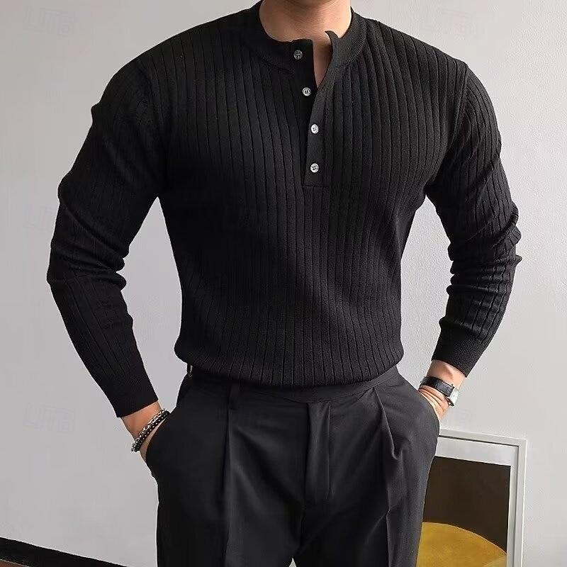 Men's Sweater Pullover Sweater Jumper Ribbed Knit Regular Tops Knitted Slim Fit Plain Henley Knitwear Contemporary Casual Daily Wear Clothing Apparel Fall Black White M L XL2