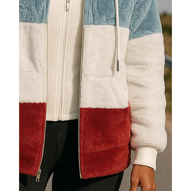 Women's Fleece Sweatshirt Jacket Winter Coat with Pockets Long Sleeve Top Athleisure Fall Color Block Windproof Warm Outdoor Travel Vacation Sportswear Activewear Black Red Blue3