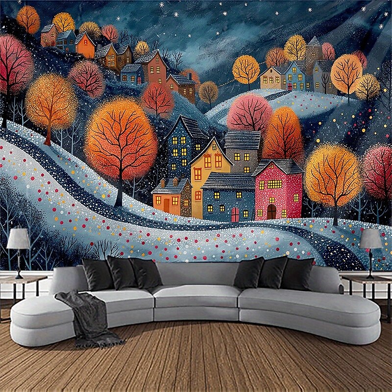 Chrismas Hanging Tapestry Snow-Covered House Santa Claus Reindeer Nativity Scene Large Wall Art Mural Decor Blanket Curtain Holiday Home Bedroom Living Room Festive Seasonal Christmas Decoration2