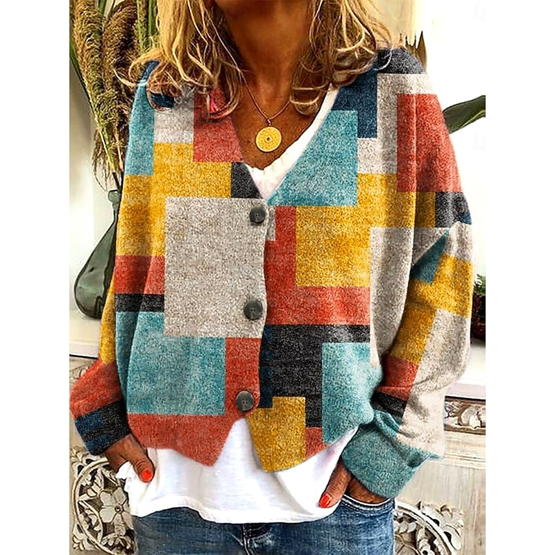 Women's Sweater Cardigan Elegant Vintage Fashion Geometric Plaid V Neck Pocket Knitted Print Long Sleeve Regular Tops Knit Outdoor Daily Weekend Red Navy Blue Fall Winter